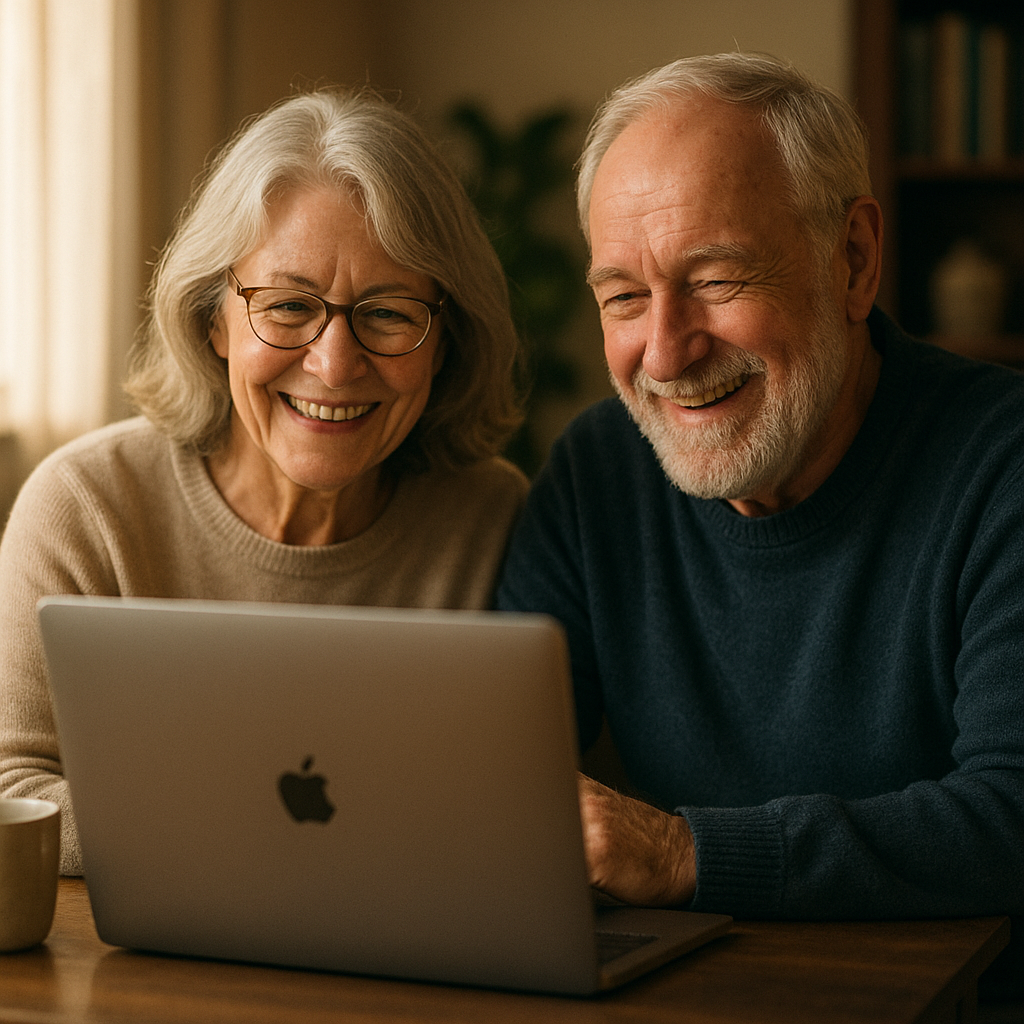 Eigentümerehepaar schaut lächelnd in MacBook